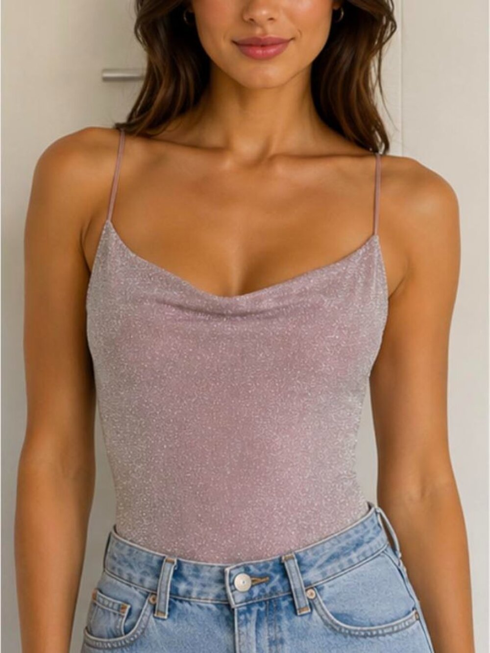 Women’s Metallic Shimmer Bodysuit with Cowl Neck – Spaghetti Strap Going Out Top